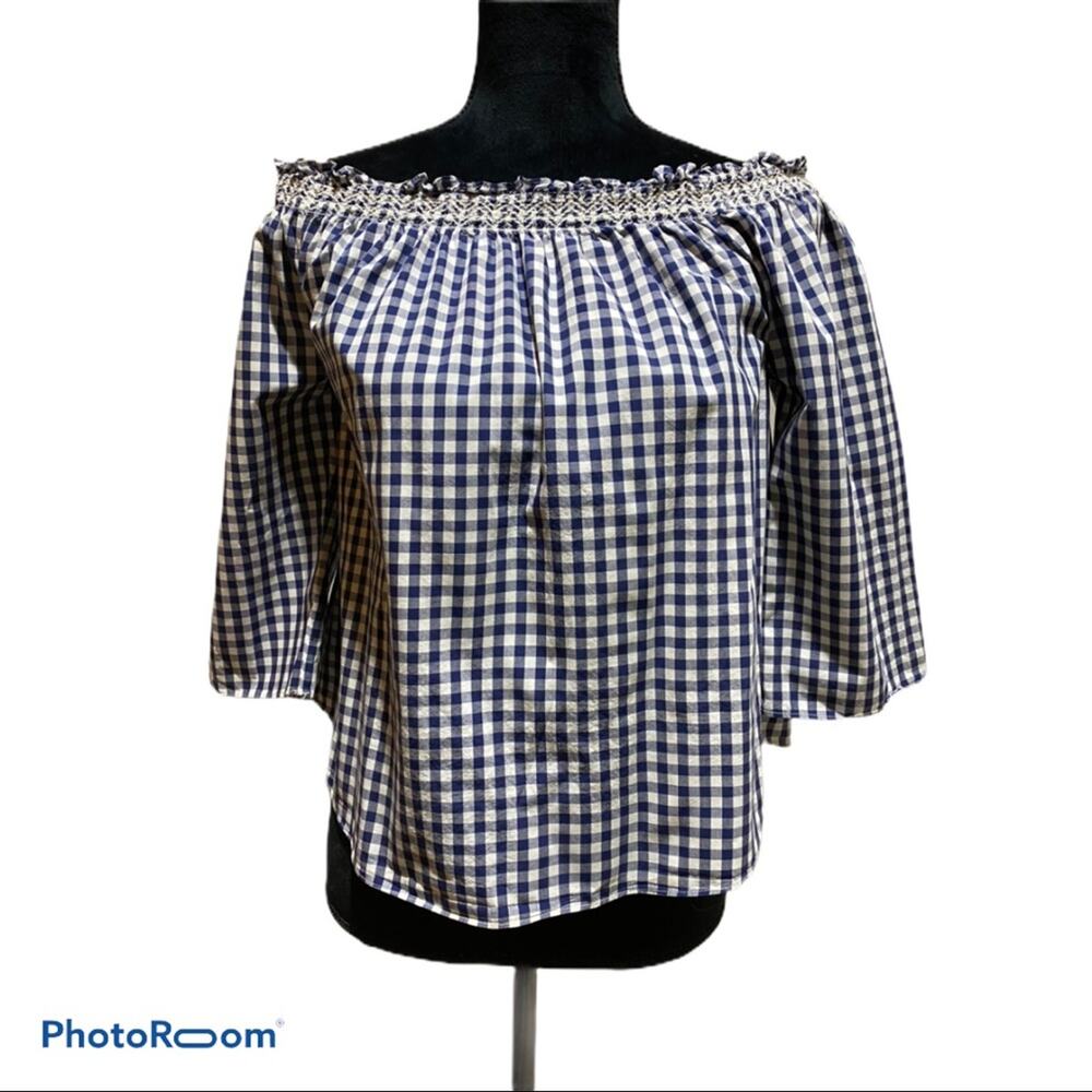 Madewell checkered off the shoulder XS top blue white
